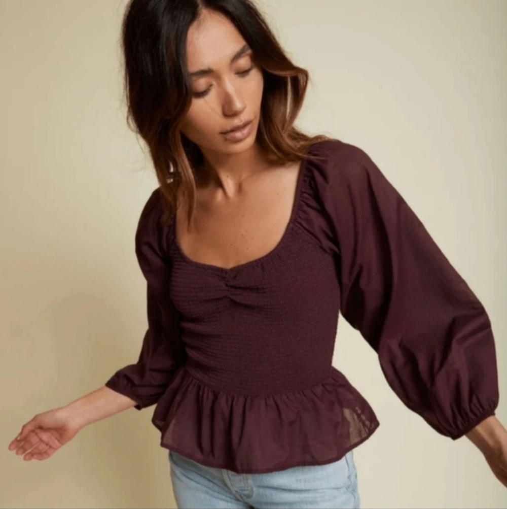 NATION LTD 100% cotton plum purple Tiana ruched smocked peplum blouse top size S